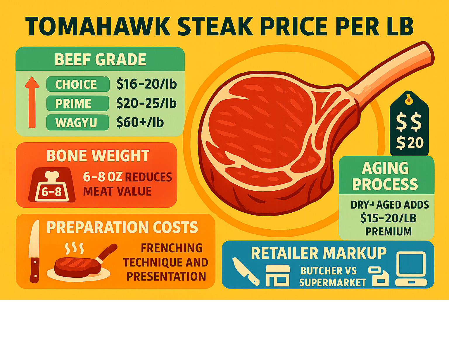 Infographic showing tomahawk steak pricing factors including beef grade (Choice $16-20/lb, Prime $20-25/lb, Wagyu $60+/lb), bone weight impact (6-8oz reduces meat value), aging process (dry-aged adds $15-20/lb premium), retailer markup (butcher vs supermarket vs online), and preparation costs (frenching technique and presentation) - tomahawk steak price per lb infographic 