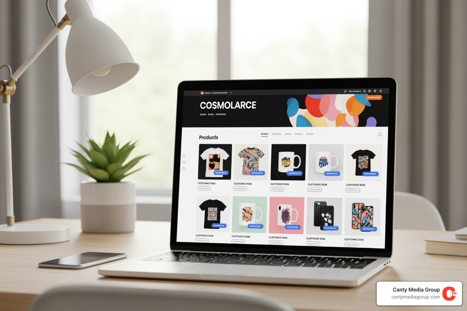 laptop screen showing a custom e-commerce store integrated with a POD solution - Print-on-demand strategy