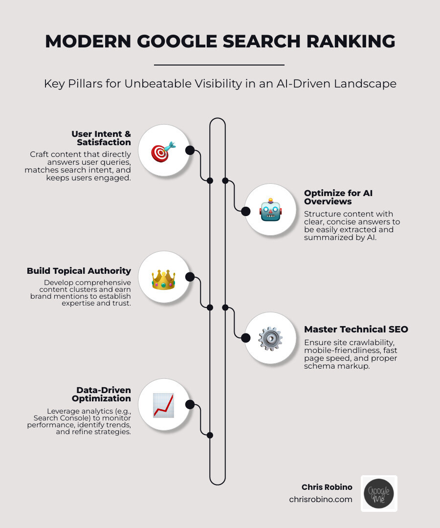 Comprehensive infographic showing the evolution from traditional keyword-focused SEO to modern AI-driven search optimization, featuring sections on search intent alignment, AI Overviews optimization, topical authority building, technical SEO fundamentals, and performance tracking metrics with visual representations of Google's modern SERP features - google search ranking tips infographic infographic-line-5-steps-neat_beige