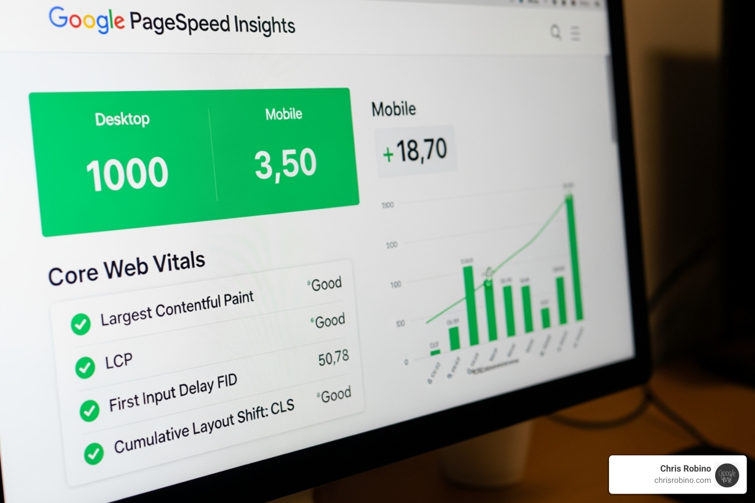 a PageSpeed Insights report showing good Core Web Vitals scores - google search ranking tips