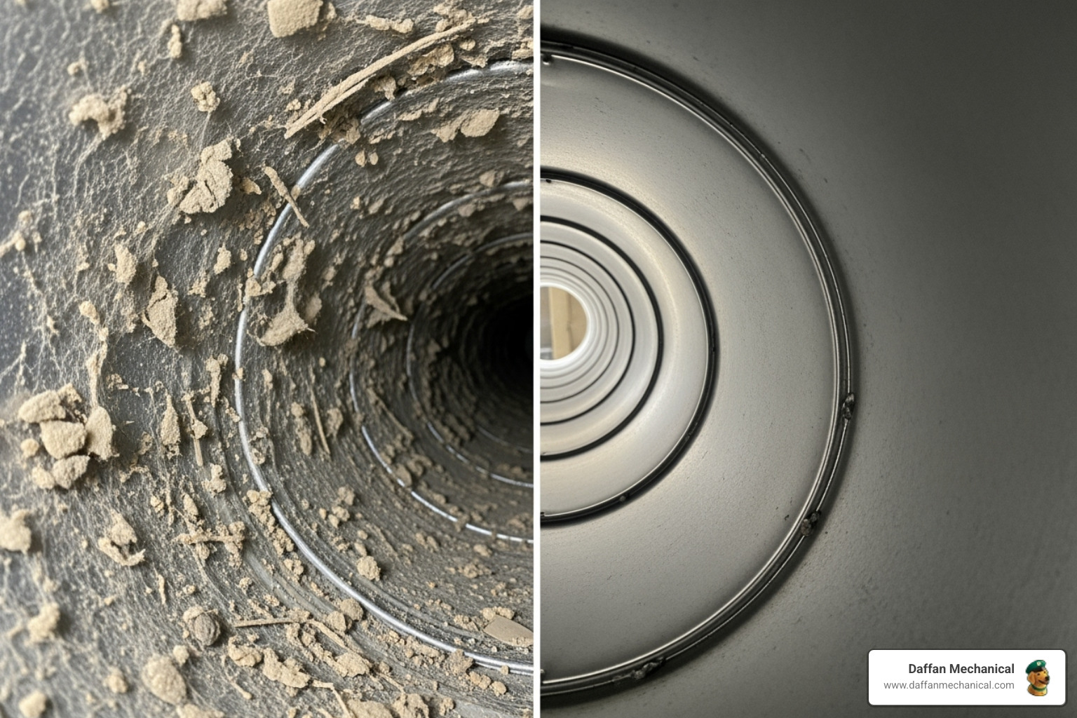before and after view inside an air duct - air duct cleaning benefits