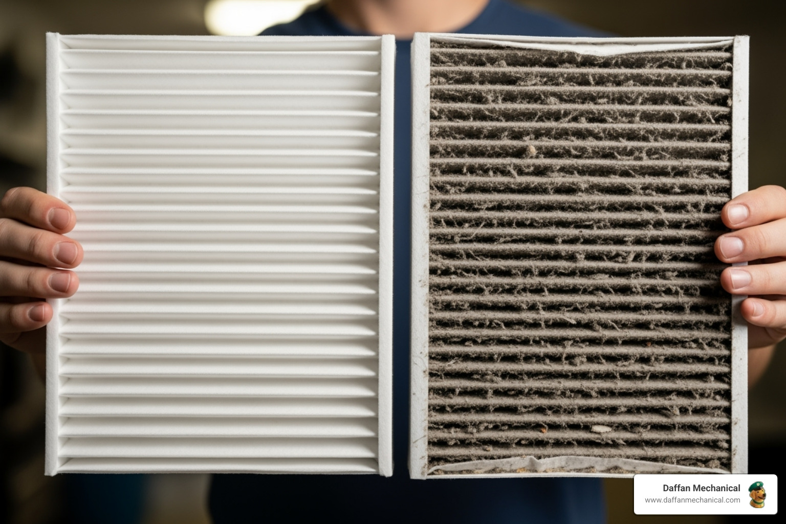 Person holding a clean air filter on the left and a dirty, clogged air filter on the right, illustrating the importance of regular air filter checks for HVAC maintenance.
