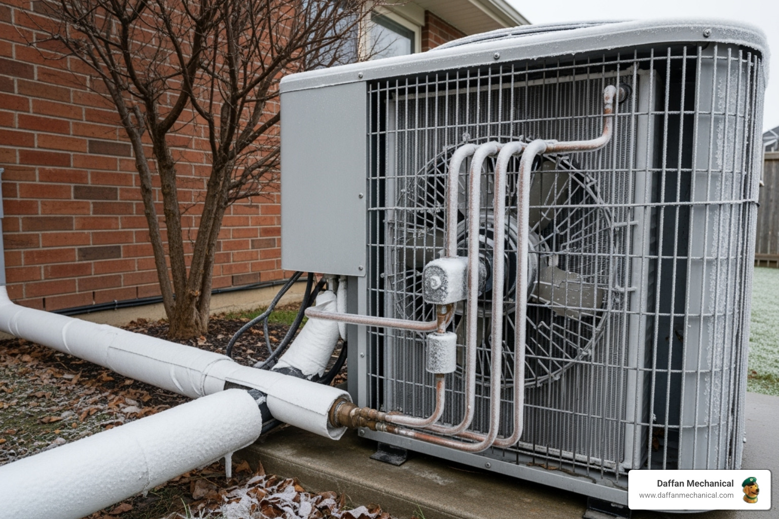 Frost-covered outdoor AC unit with exposed pipes and fan, illustrating ice buildup issue related to HVAC system failures.