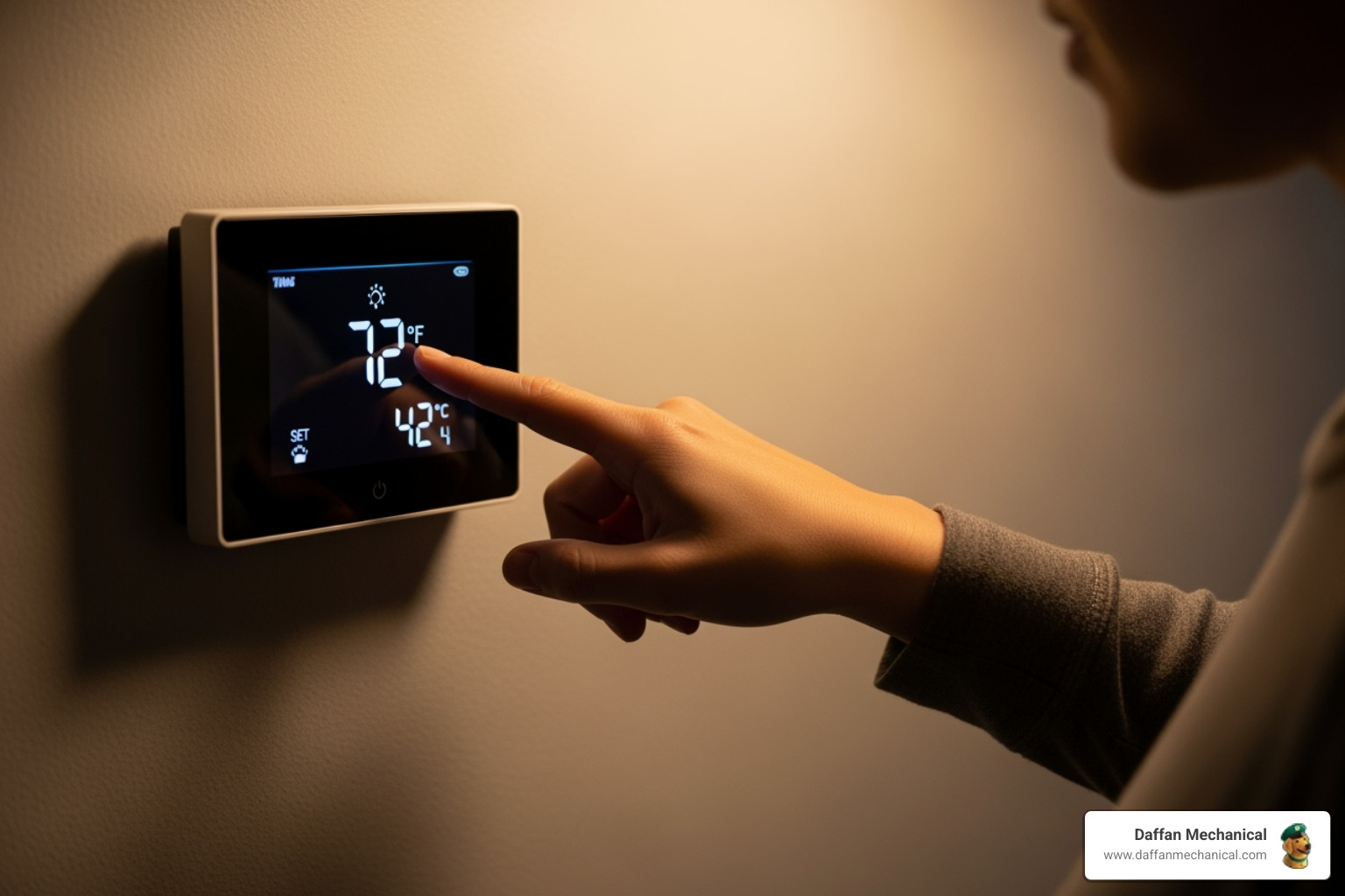 Person adjusting digital thermostat displaying temperature settings, relevant to HVAC troubleshooting and maintenance.