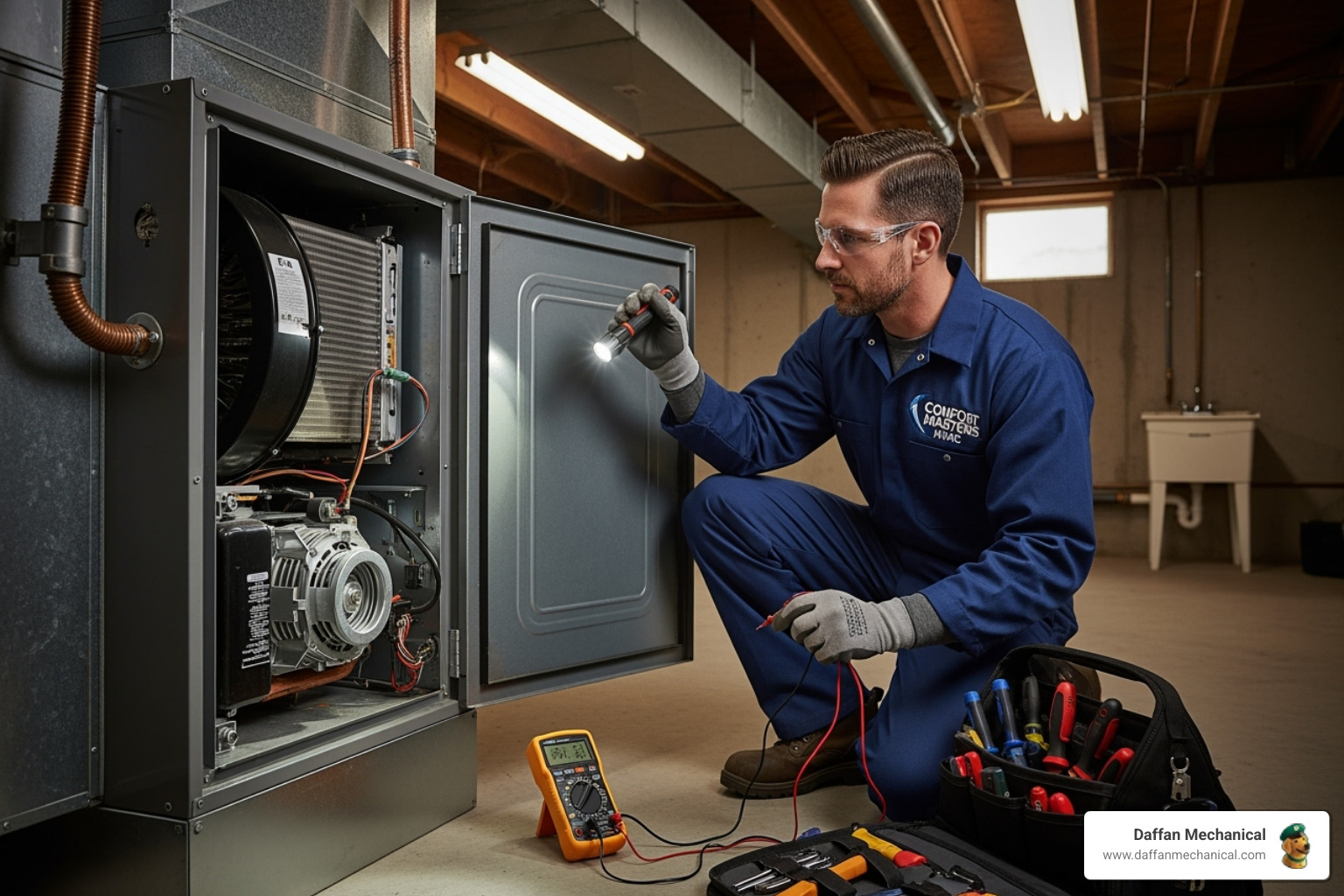 HVAC technician inspecting indoor unit with tools and flashlight, addressing airflow issues and maintenance, relevant to HVAC troubleshooting guide.