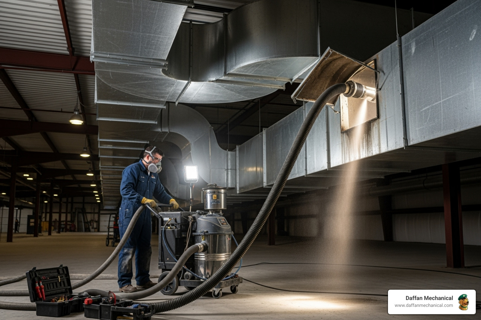 technician using a powerful vacuum system on large commercial ductwork - air duct cleaner company