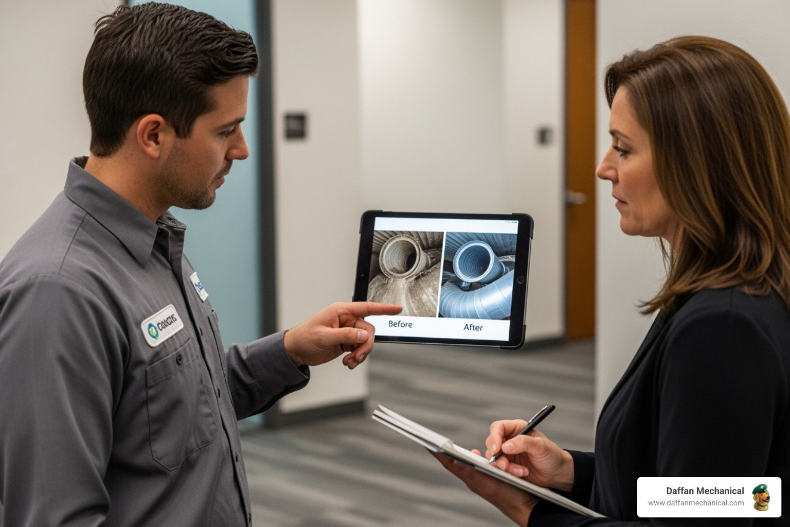 professional technician showing a client before-and-after photos on a tablet - air duct cleaner company