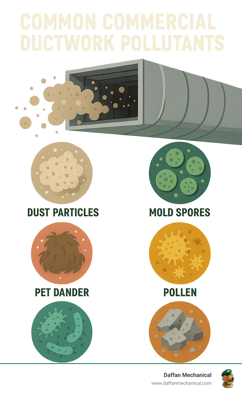 Infographic showing common commercial ductwork pollutants including dust particles, mold spores, pet dander, pollen, bacteria, and construction debris with visual representations of each contaminant type - air duct cleaner company infographic 