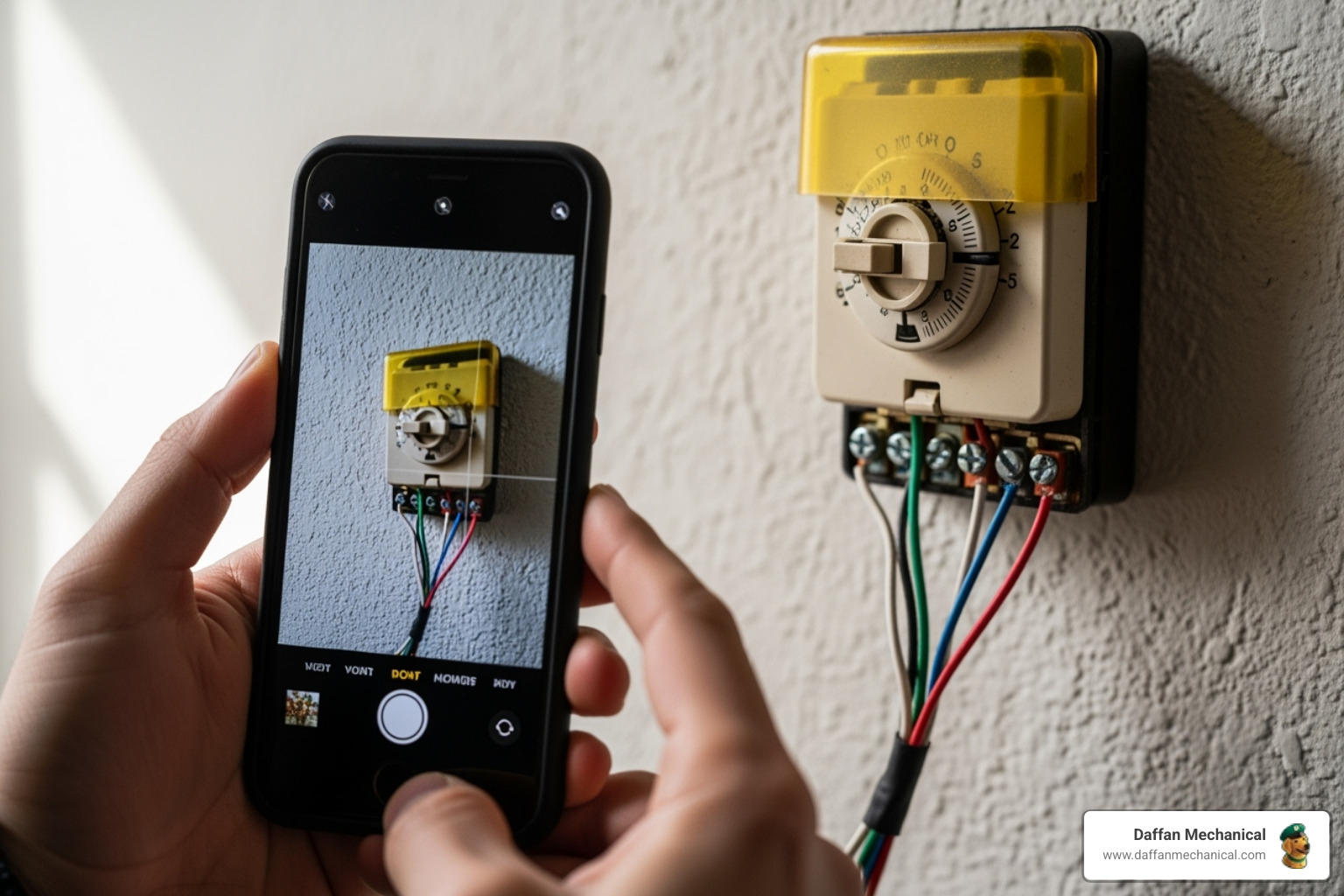 person taking a photo of the old thermostat wiring - install new thermostat