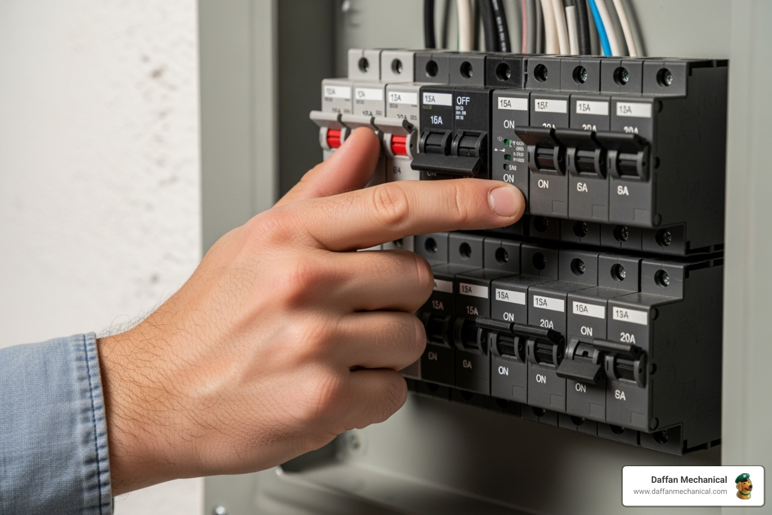 circuit breaker panel with a hand flipping a switch - install new thermostat