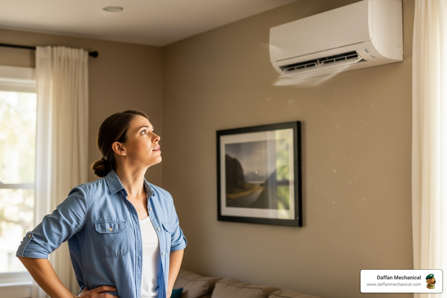 A homeowner looking concerned at a noisy indoor mini-split unit. - Ductless AC replacement