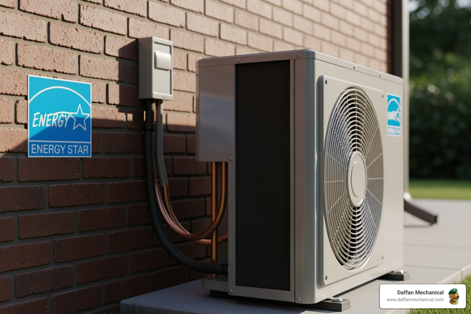 An Energy Star logo next to a ductless condenser. - Ductless AC replacement