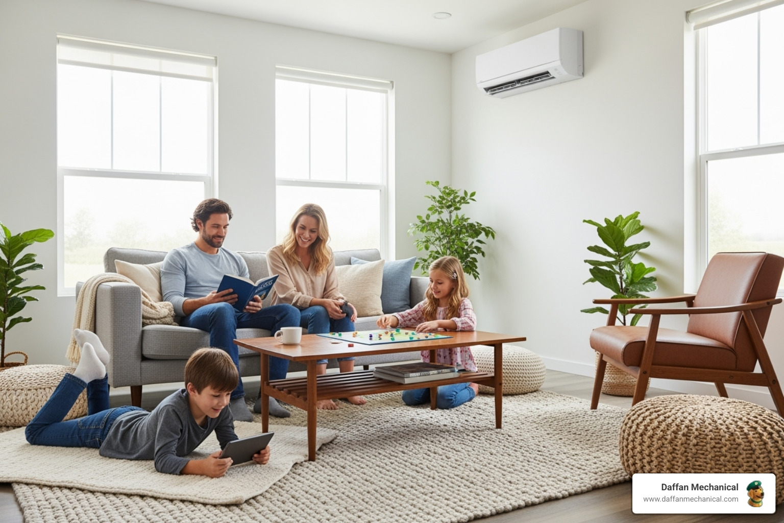 A family enjoying a cool room with a new ductless AC. - Ductless AC replacement