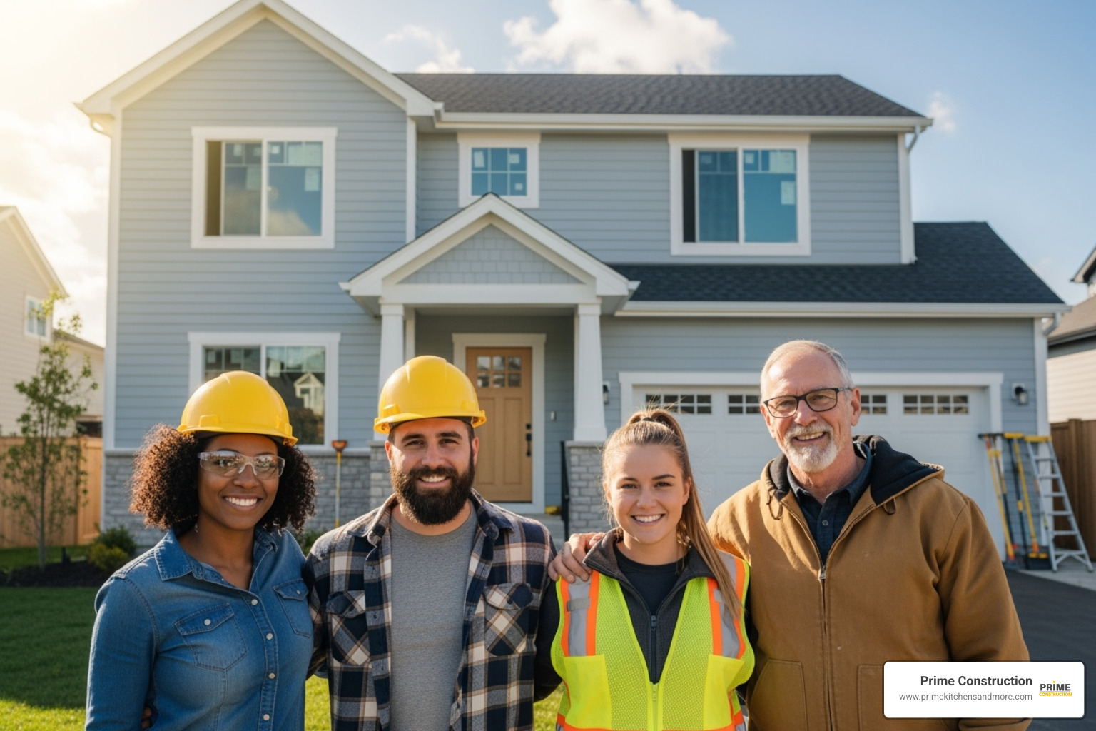 Friendly construction team posing in front of a completed project - Orlando home remodeling