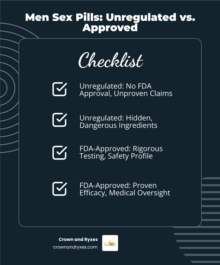 Comprehensive comparison showing the differences between unregulated male improvement supplements with unknown ingredients and potential health risks versus FDA-approved prescription medications with proven efficacy, safety profiles, and medical oversight - men sex pills infographic checklist-dark-blue