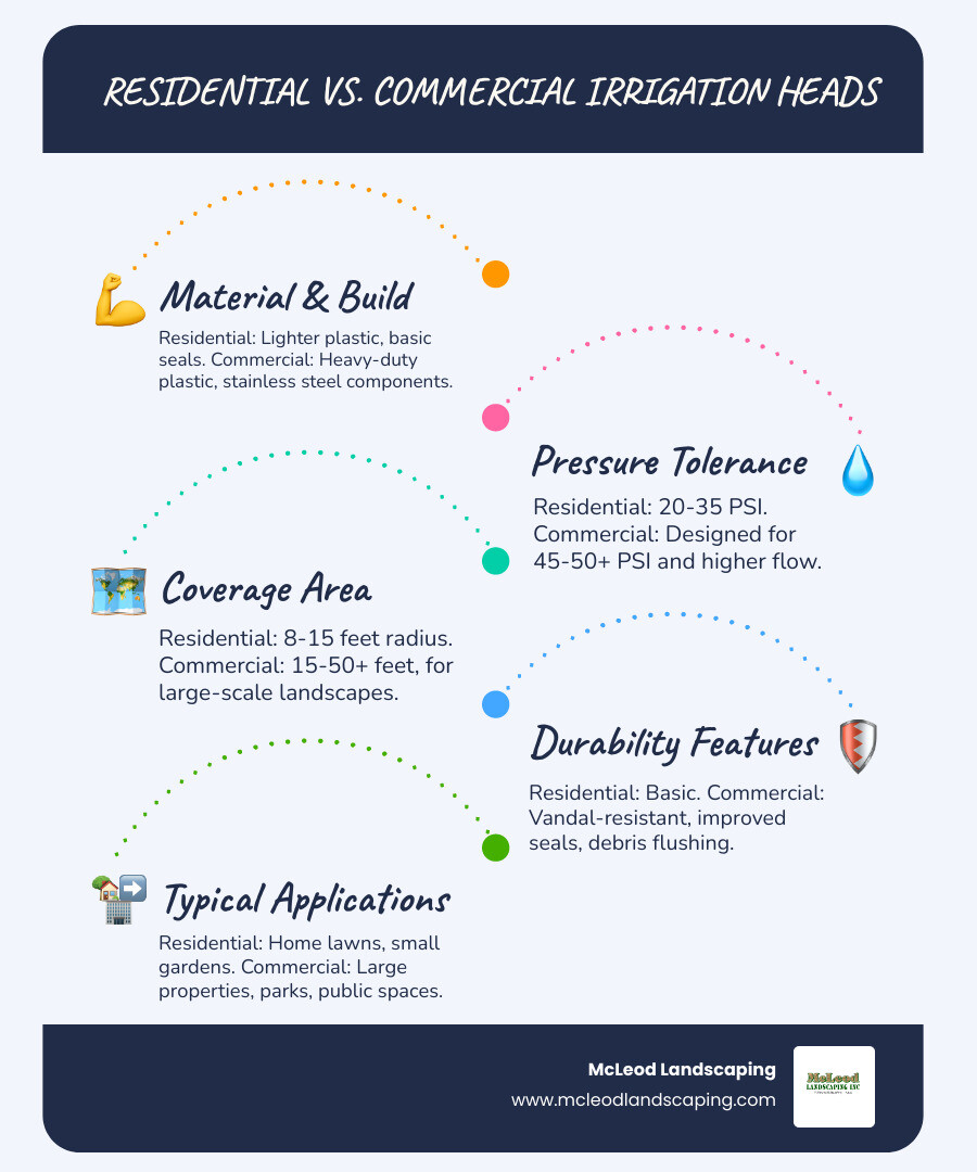 Detailed comparison infographic showing residential vs commercial irrigation heads, highlighting key differences in materials (plastic vs stainless steel), pressure ratings (20-35 PSI vs 45-50+ PSI), coverage area (8-15 feet vs 15-50+ feet), durability features (basic seals vs vandal-resistant construction), and typical applications (home lawns vs commercial properties) - commercial irrigation heads infographic infographic-line-5-steps-blues-accent_colors