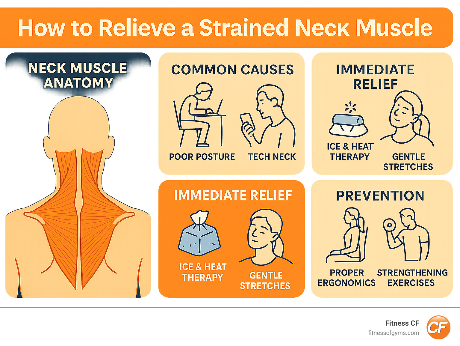 Comprehensive guide showing neck muscle anatomy, common strain causes like poor posture and tech neck, immediate relief steps including ice and heat therapy, gentle stretches for recovery, and prevention strategies through proper ergonomics and strengthening exercises - how to relieve a strained neck muscle infographic 