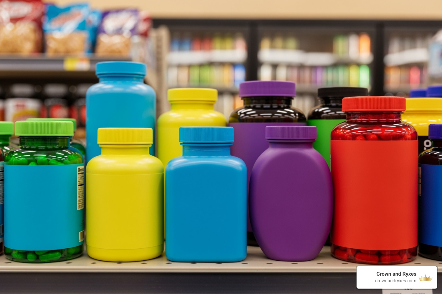 various brightly-packaged, non-branded supplement bottles - men sex pills