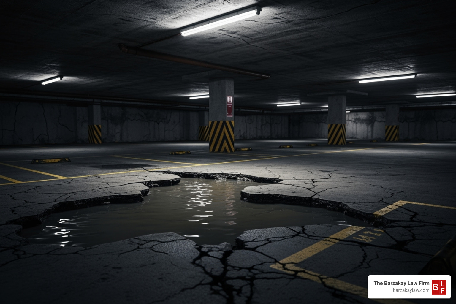 a large pothole in a dimly lit parking garage - slip and fall parking lot settlements