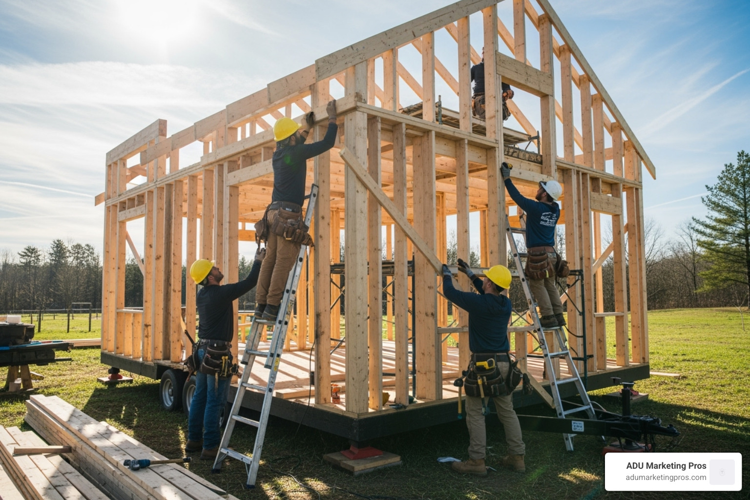 team of builders framing a tiny home - building a tiny home in california
