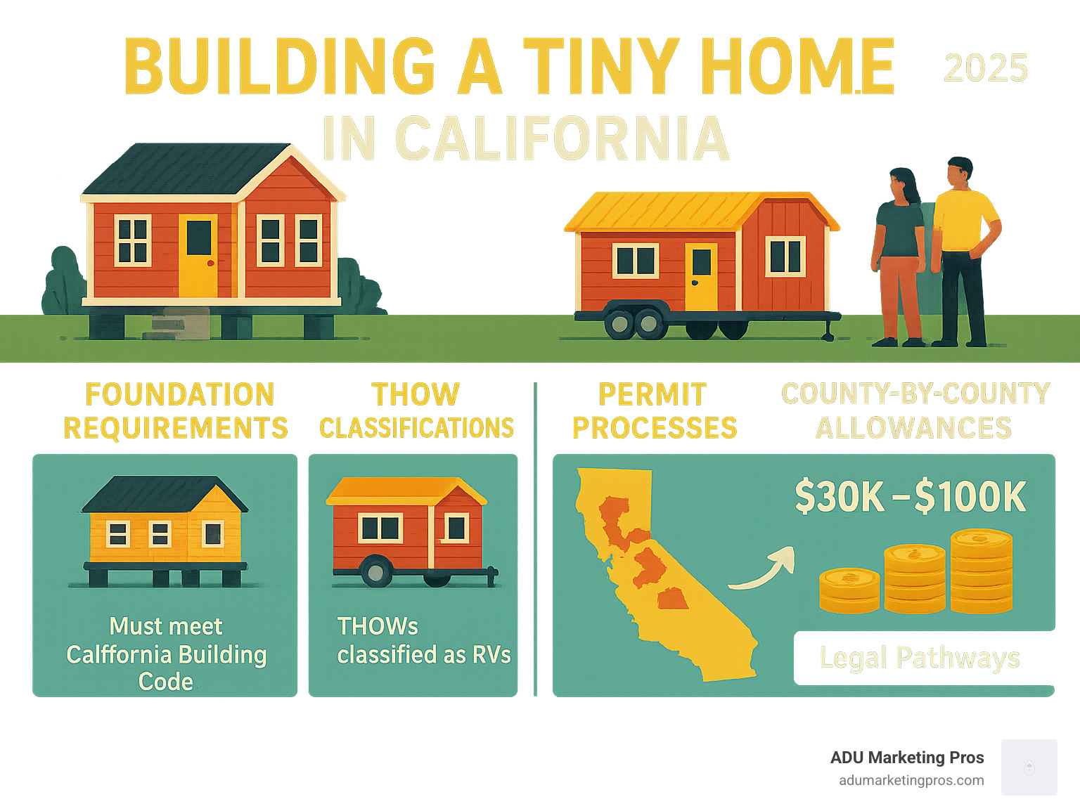 Infographic showing California tiny home regulations including foundation requirements, THOW classifications, permit processes, and county-by-county allowances with cost comparisons and legal pathways - building a tiny home in california infographic 