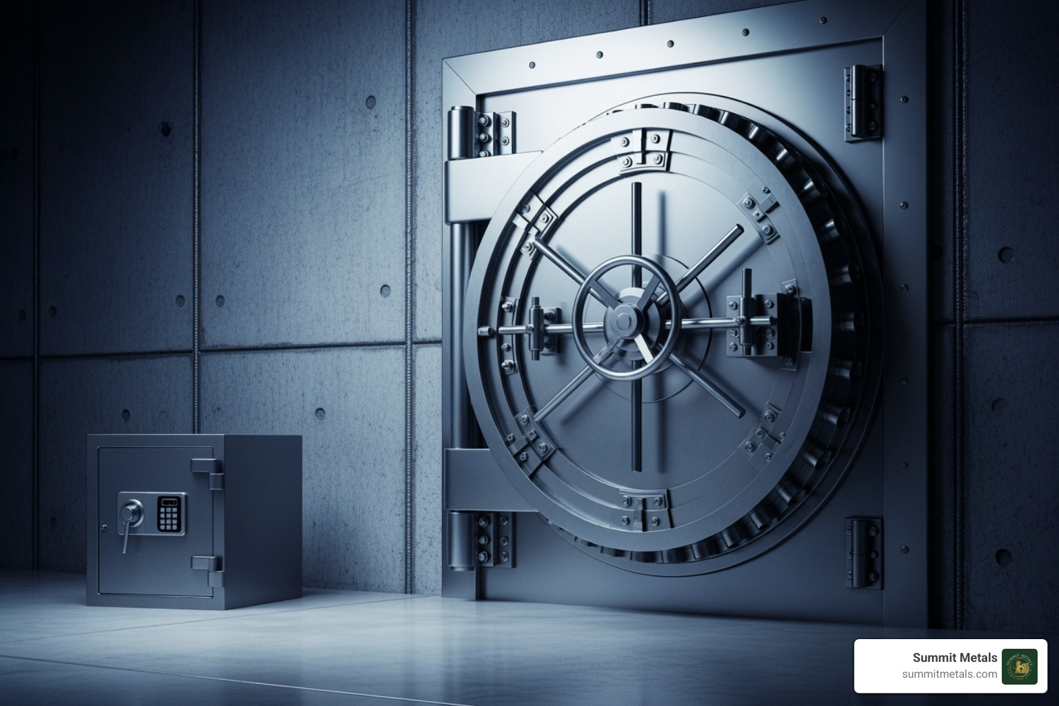 home safe next to a professional bullion depository vault - Gold bar vs coin