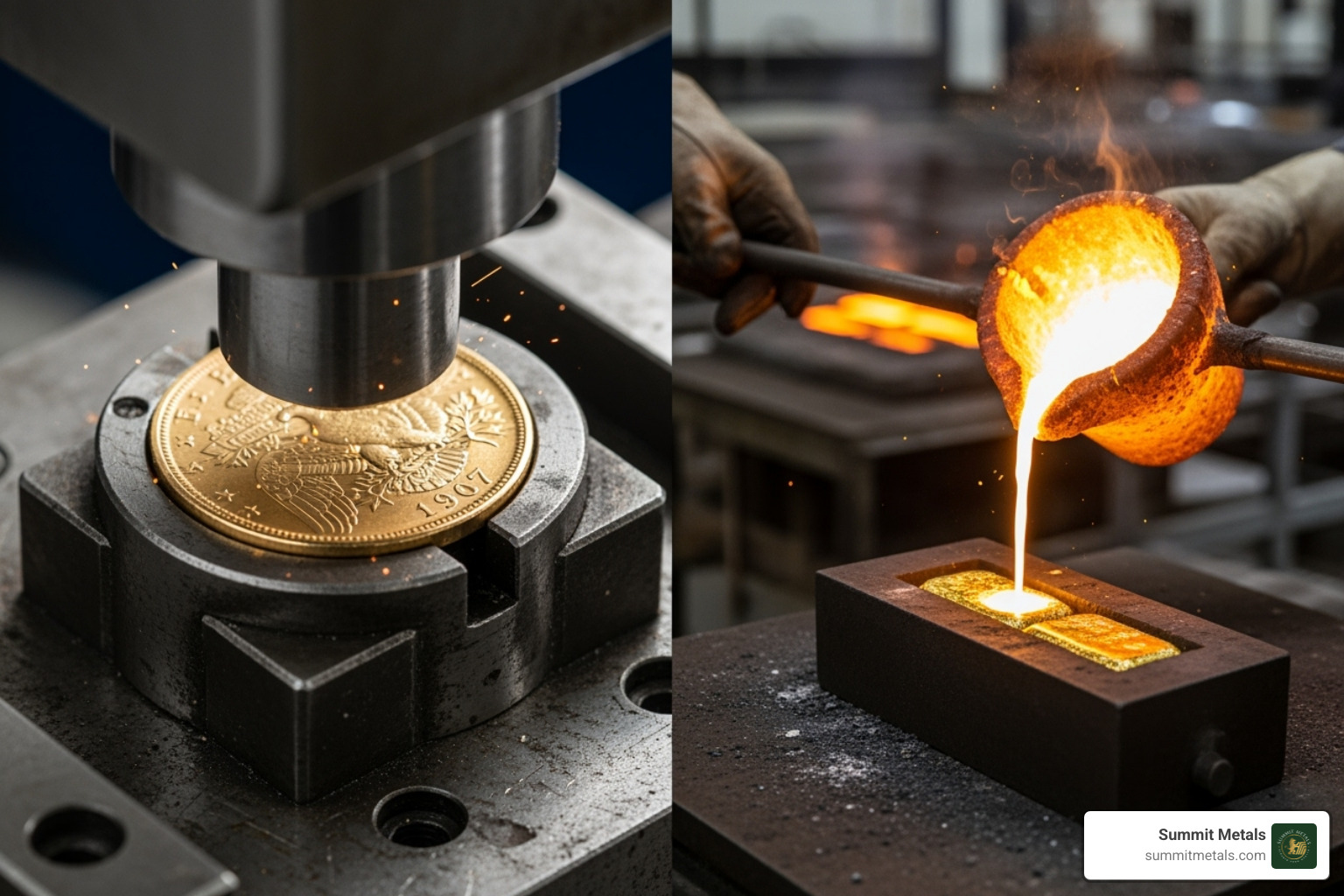 stamping of a gold coin versus the pouring of a molten gold bar - Gold bar vs coin
