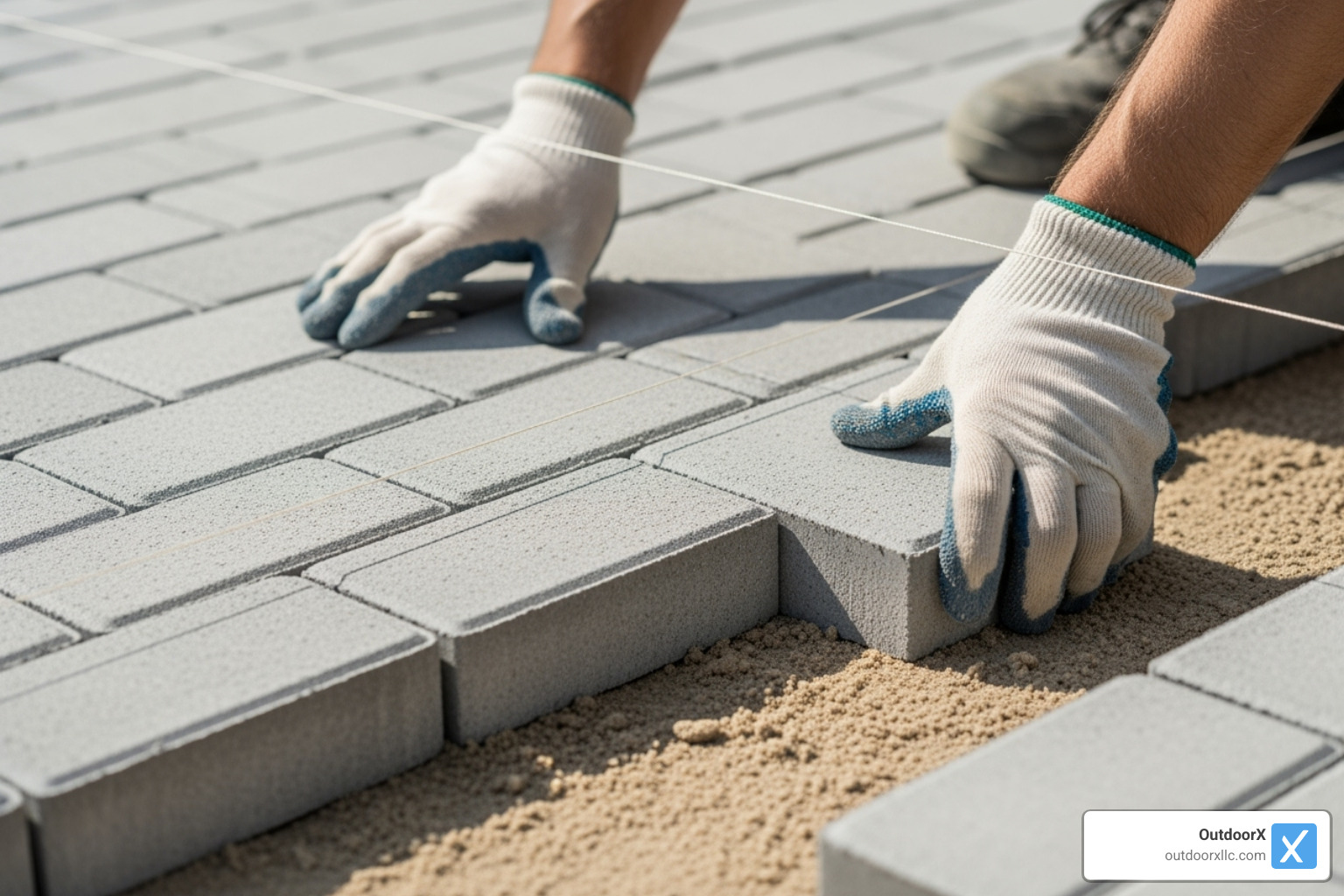 pavers being laid in a running bond pattern next to a string line - laying a paver path pavers being laid in a running bond pattern next to a string line - laying a paver path