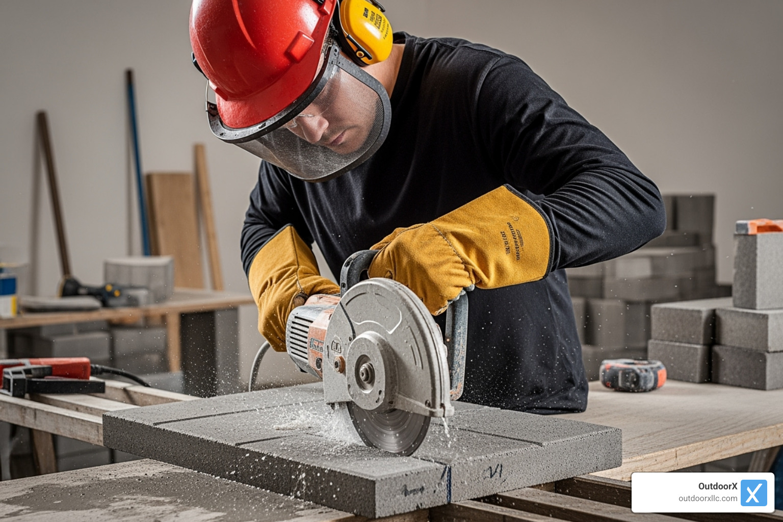 a person wearing safety gear cutting a paver with a masonry saw - laying a paver path a person wearing safety gear cutting a paver with a masonry saw - laying a paver path