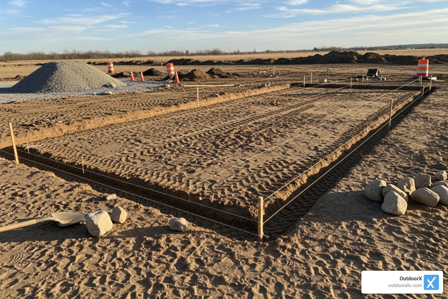 a properly excavated and graded area with string lines set up - laying a paver path a properly excavated and graded area with string lines set up - laying a paver path