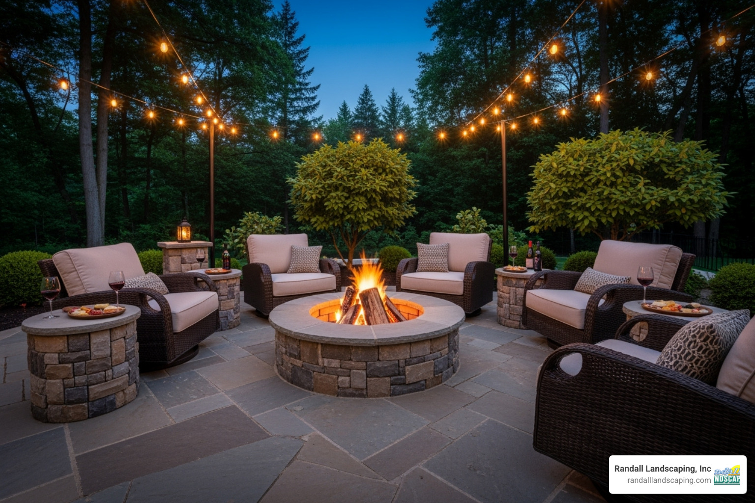 A custom-built stone patio with a fire pit, ready for evening gatherings. - landscape contractors methuen ma