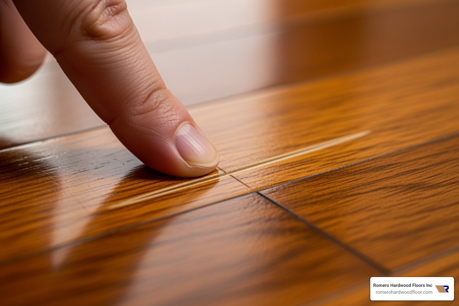 person running fingernail over a scratch to test its depth - how to get rid of scratches on hardwood floors person running fingernail over a scratch to test its depth - how to get rid of scratches on hardwood floors