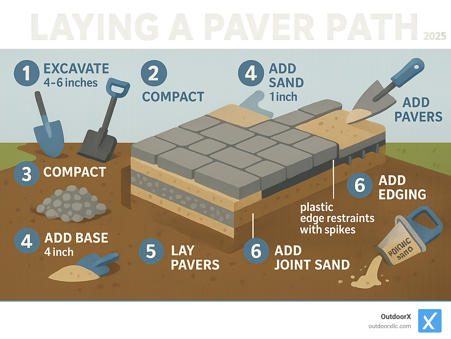Infographic showing the 7 key steps of paver path installation: Excavate 4-6 inches deep, Compact soil with tamper, Add 4 inches gravel base, Add 1 inch leveling sand, Lay pavers in chosen pattern, Install plastic edge restraints with spikes, Fill joints with polymeric sand and compact - laying a paver path infographic Infographic showing the 7 key steps of paver path installation: Excavate 4-6 inches deep, Compact soil with tamper, Add 4 inches gravel base, Add 1 inch leveling sand, Lay pavers in chosen pattern, Install plastic edge restraints with spikes, Fill joints with polymeric sand and compact - laying a paver path infographic
