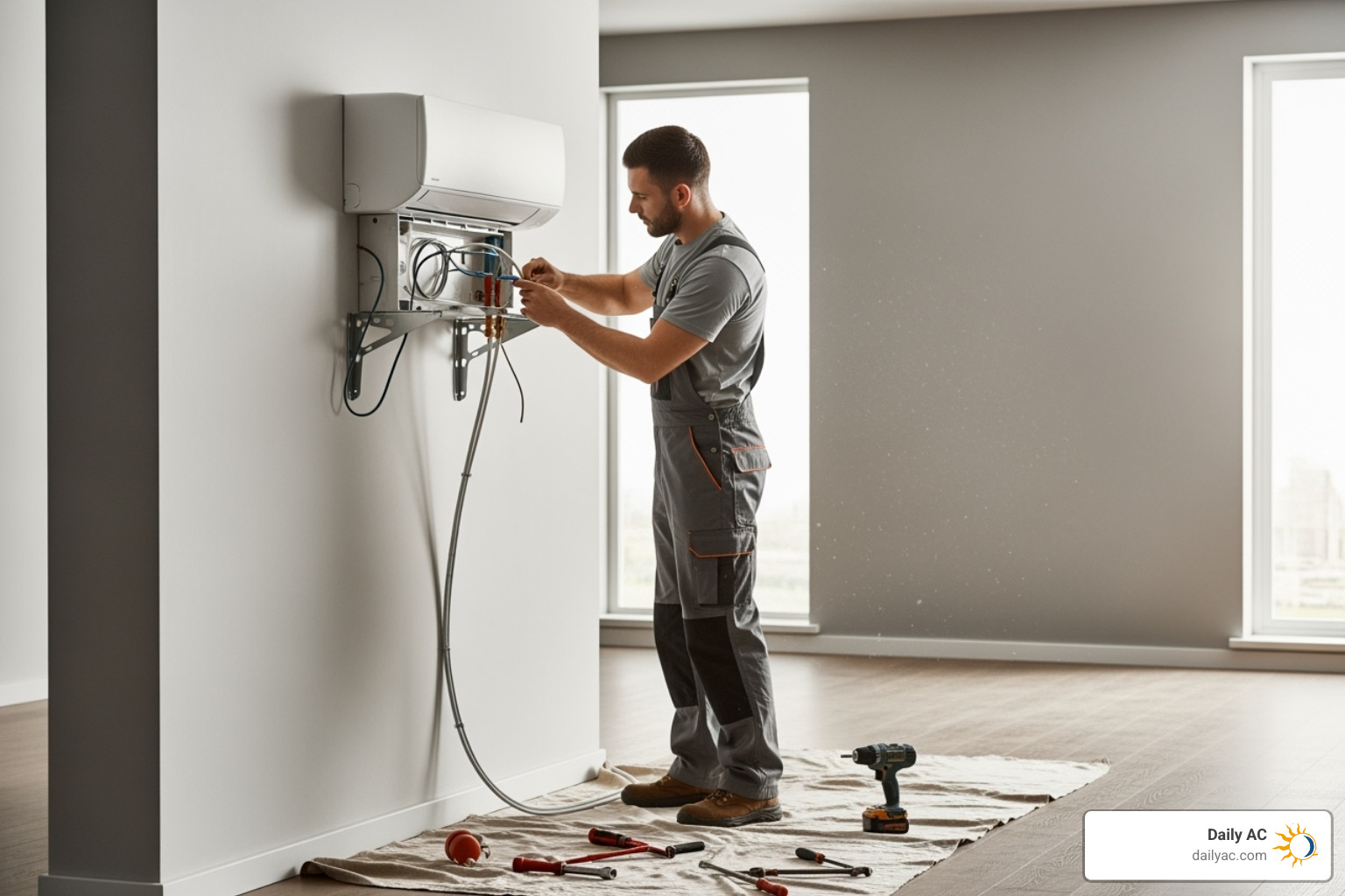 technician installing an indoor wall-mounted unit - ductless ac unit