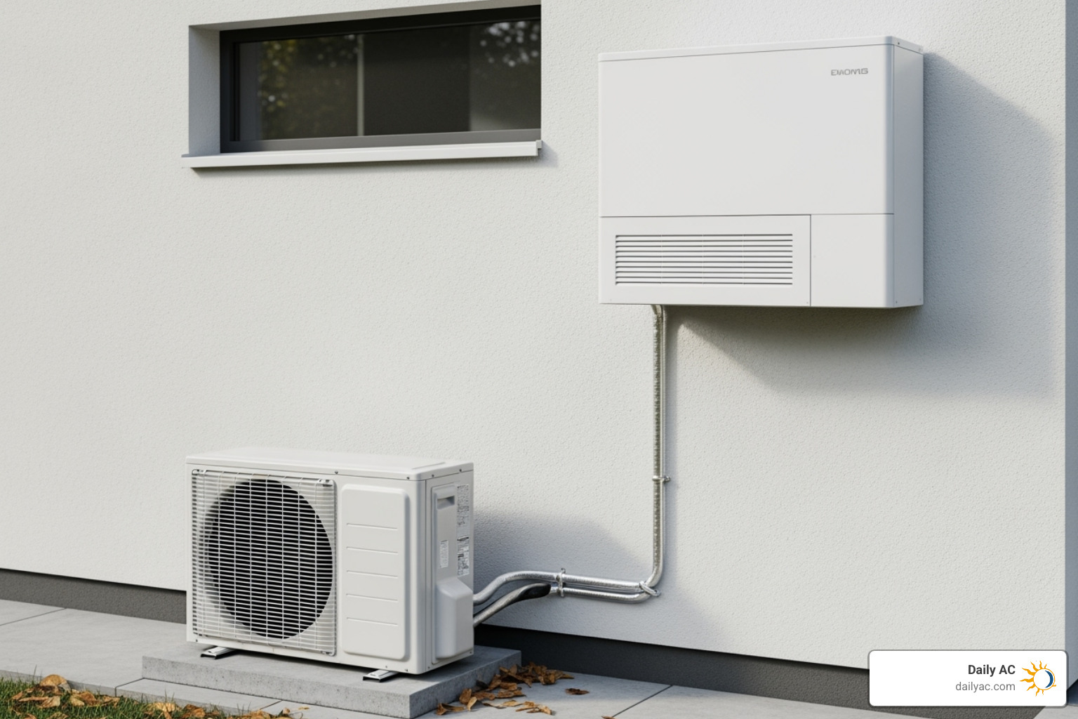 outdoor condenser unit connected to an indoor air handler via a conduit - ductless ac unit