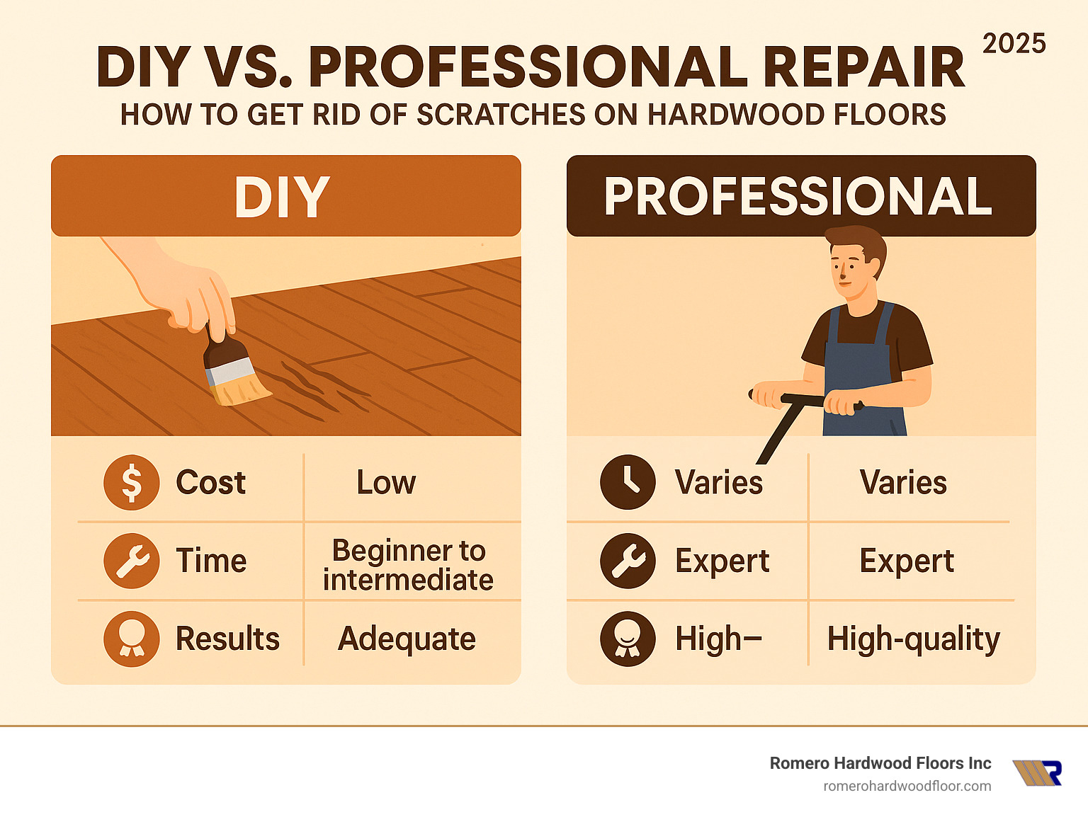 Infographic comparing DIY vs. Professional Repair costs, time, skill, and results - how to get rid of scratches on hardwood floors infographic Infographic comparing DIY vs. Professional Repair costs, time, skill, and results - how to get rid of scratches on hardwood floors infographic