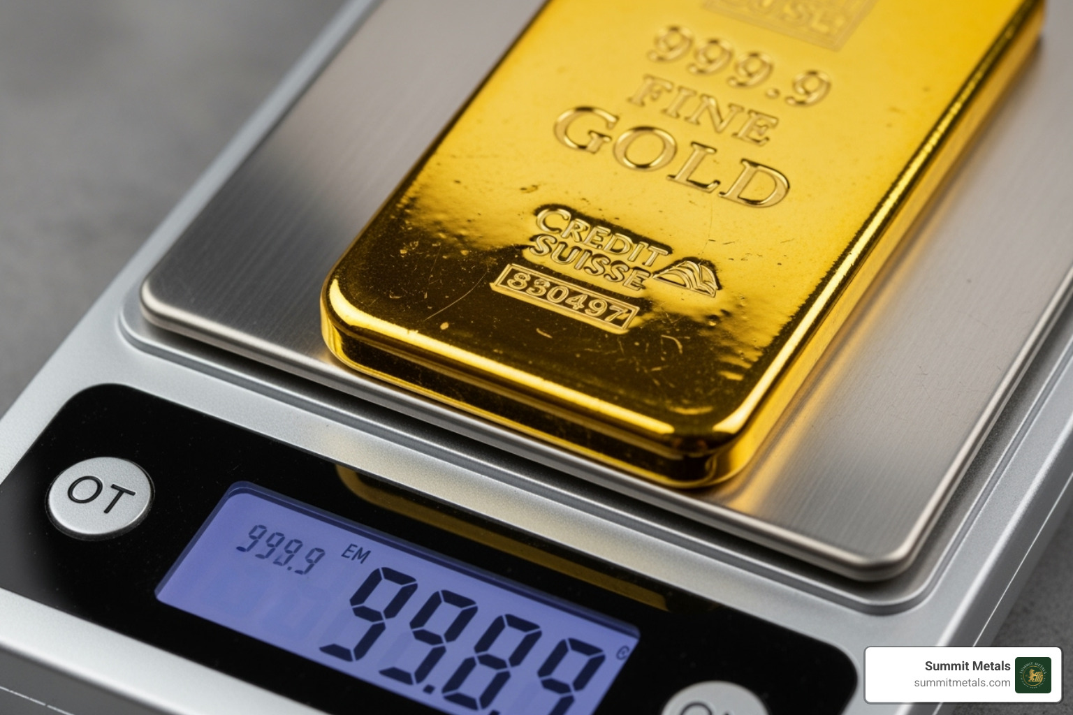 showing a scale weighing a gold bar next to a purity stamp - sell gold and silver