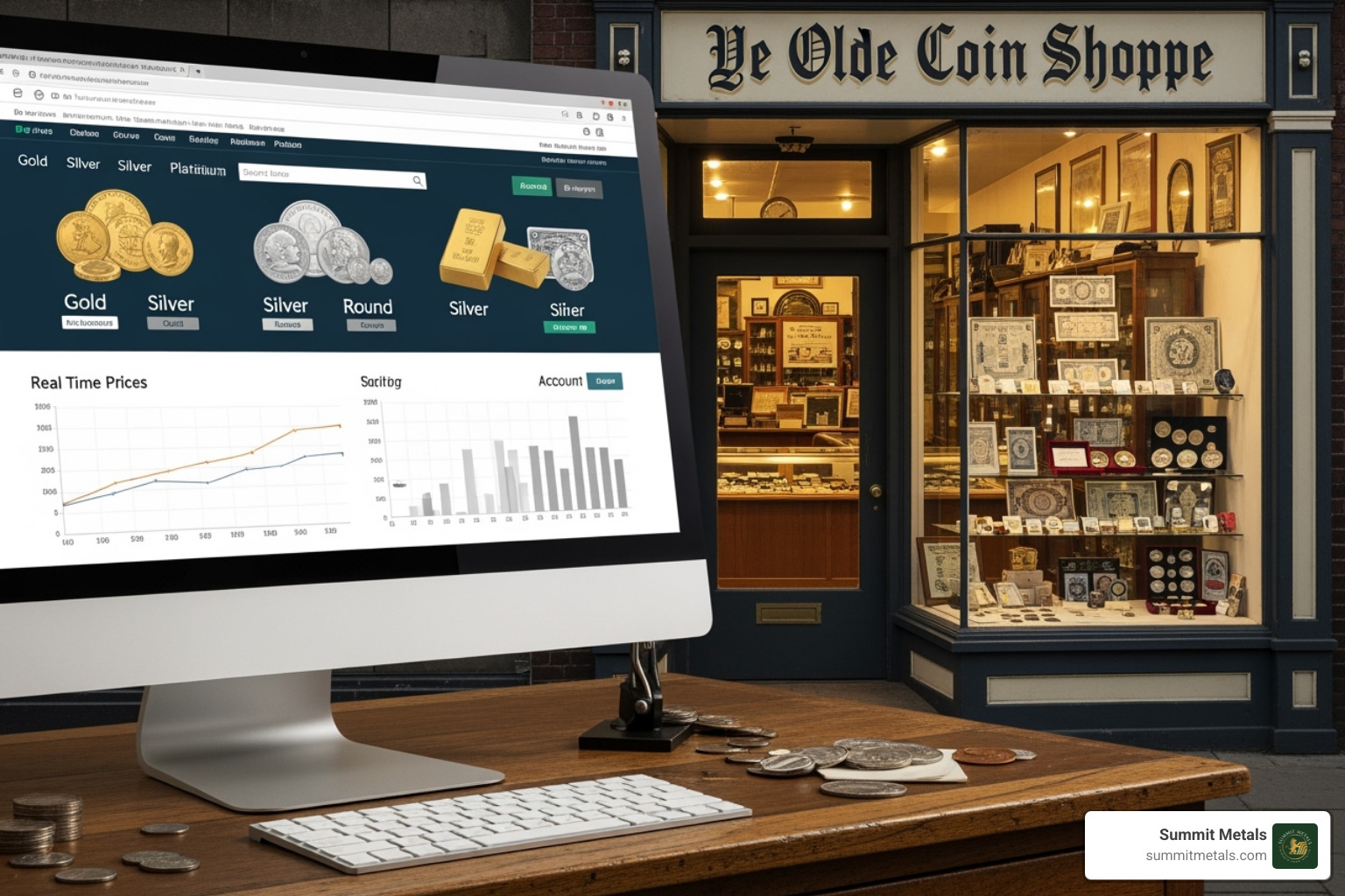 a computer screen showing Summit Metals' online selling page next to a physical coin shop storefront - sell gold and silver