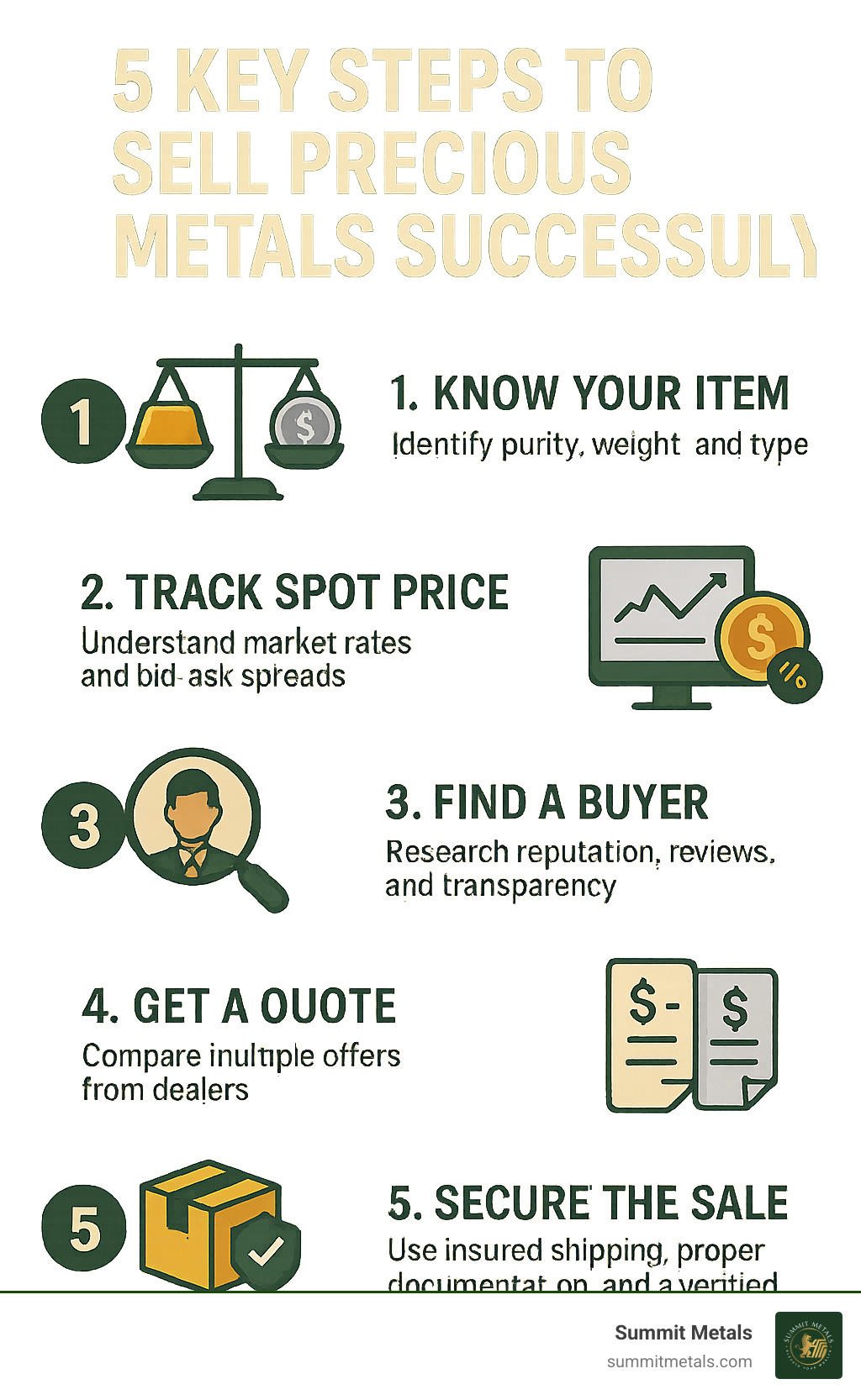 Infographic showing the 5 key steps to sell precious metals successfully: 1. Know Your Item (identify purity, weight, and type), 2. Track Spot Price (understand current market rates and bid-ask spreads), 3. Find a Buyer (research reputation, reviews, and transparency), 4. Get a Quote (compare multiple offers from different dealers), 5. Secure the Sale (use insured shipping, proper documentation, and verified payment methods) - sell gold and silver infographic 