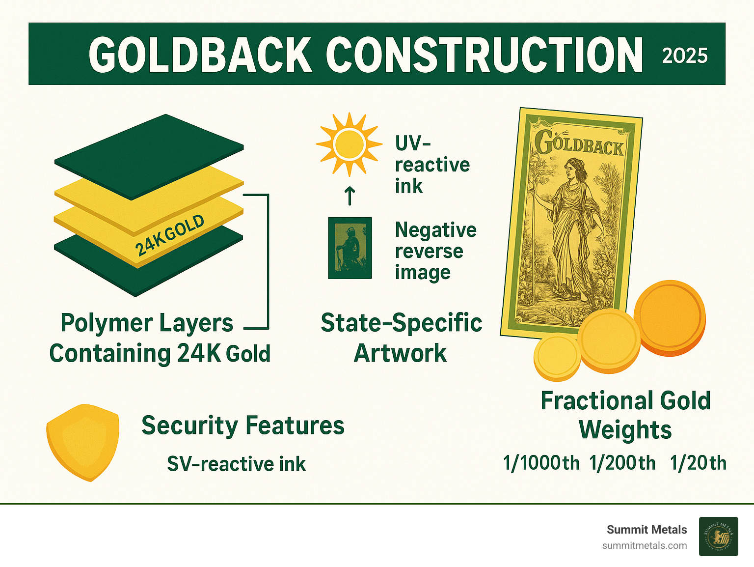 Infographic showing Goldback construction with polymer layers containing 24k gold, security features including UV-reactive ink and negative reverse image, state-specific artwork depicting virtues, and fractional gold weights from 1/1000th to 1/20th troy ounce - are goldbacks real gold infographic 