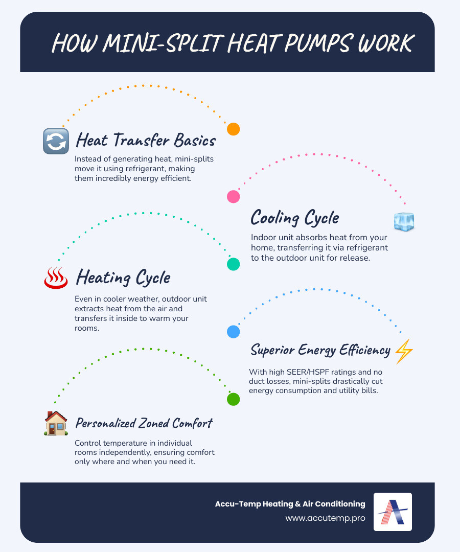 infographic showing how mini split heat pumps work with outdoor unit connected to indoor air handlers, displaying heating and cooling cycles, energy efficiency ratings, and zoned comfort benefits - mini split heat pumps palm coast infographic infographic-line-5-steps-blues-accent_colors