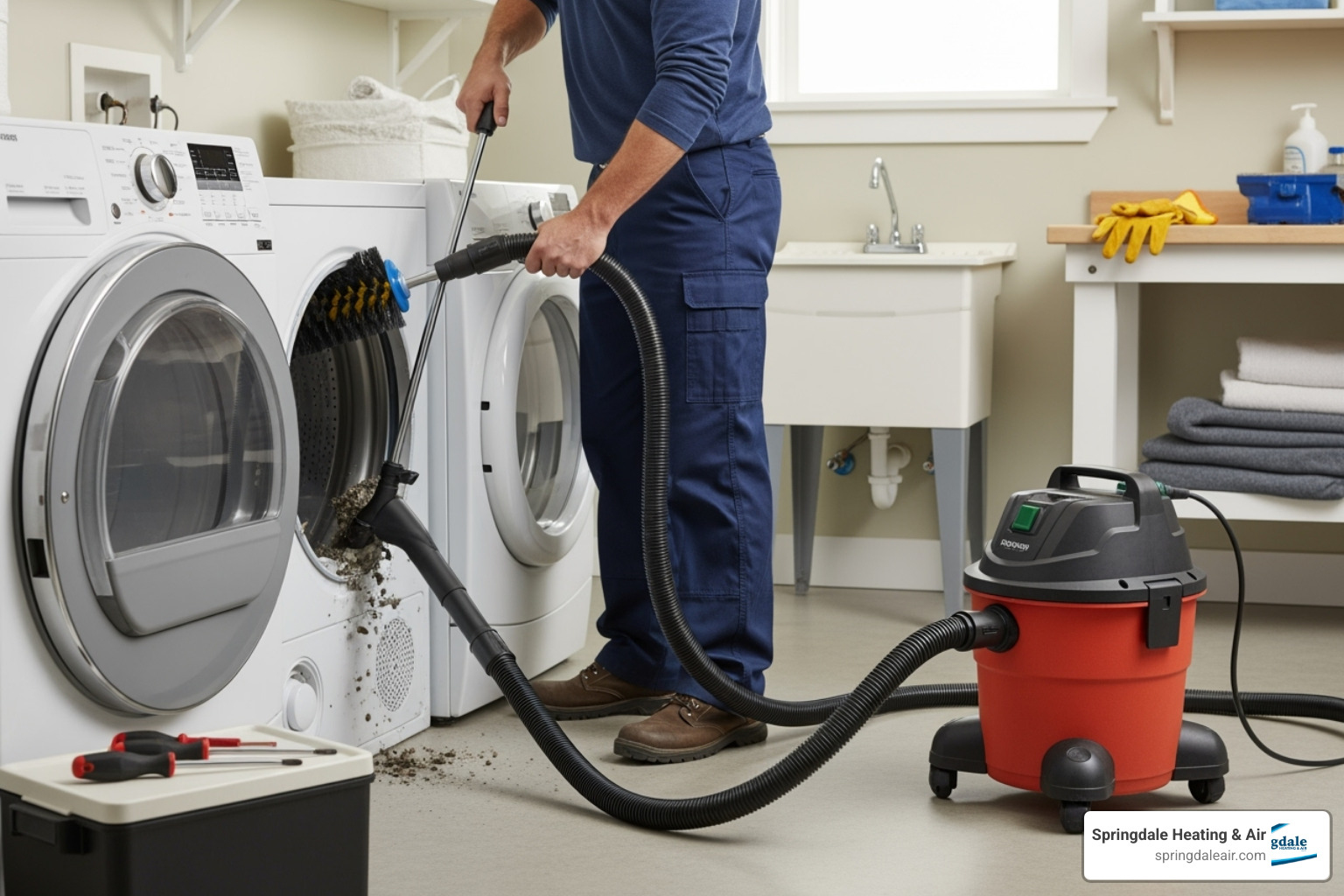a technician using a rotary brush and high-powered vacuum - dryer vent cleaning and repair