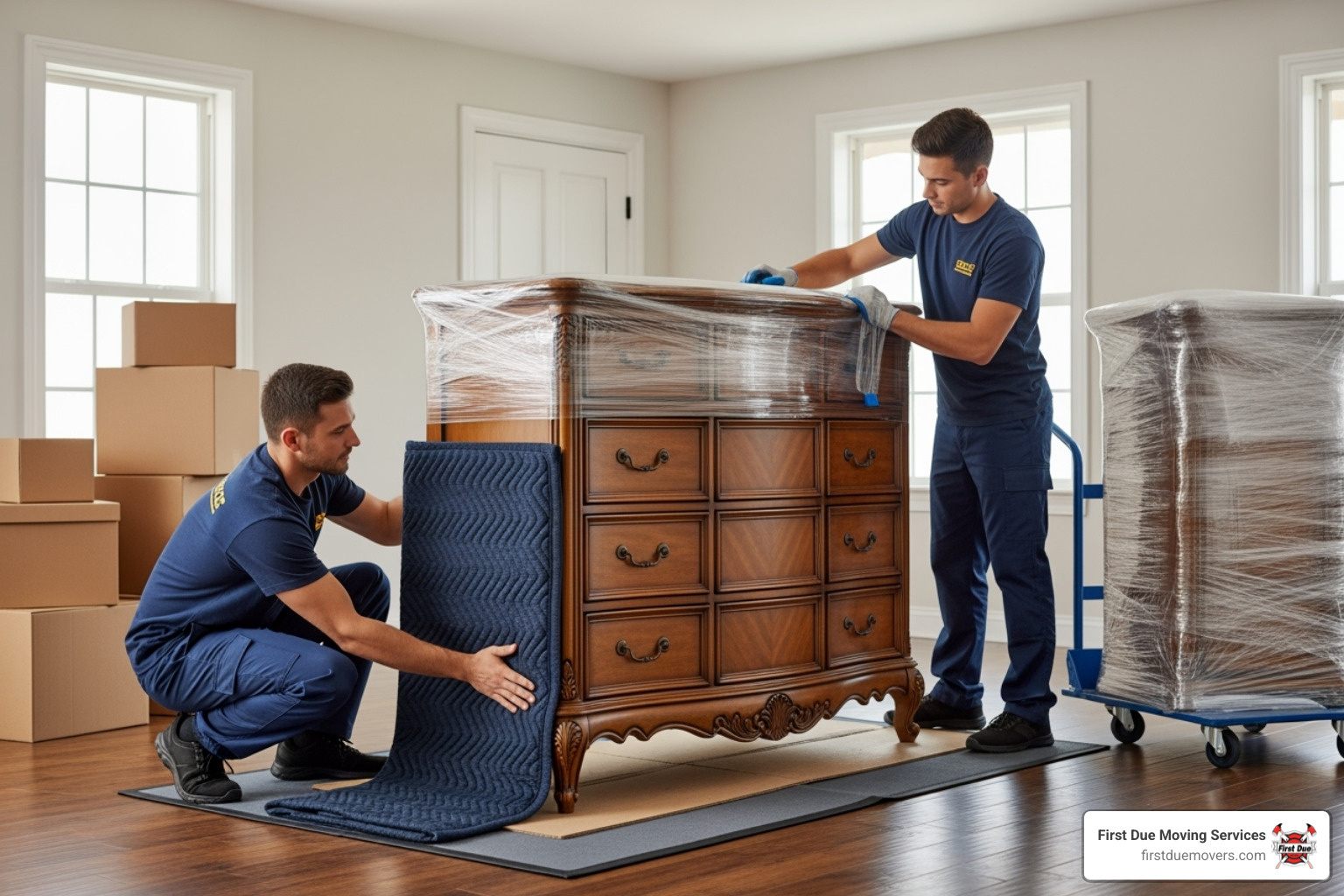 of professional movers carefully wrapping furniture - movers in issaquah