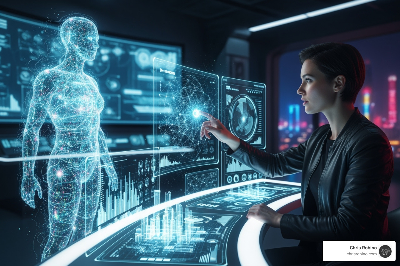 A person collaborating with an AI agent on a futuristic interface - AI powered analytics