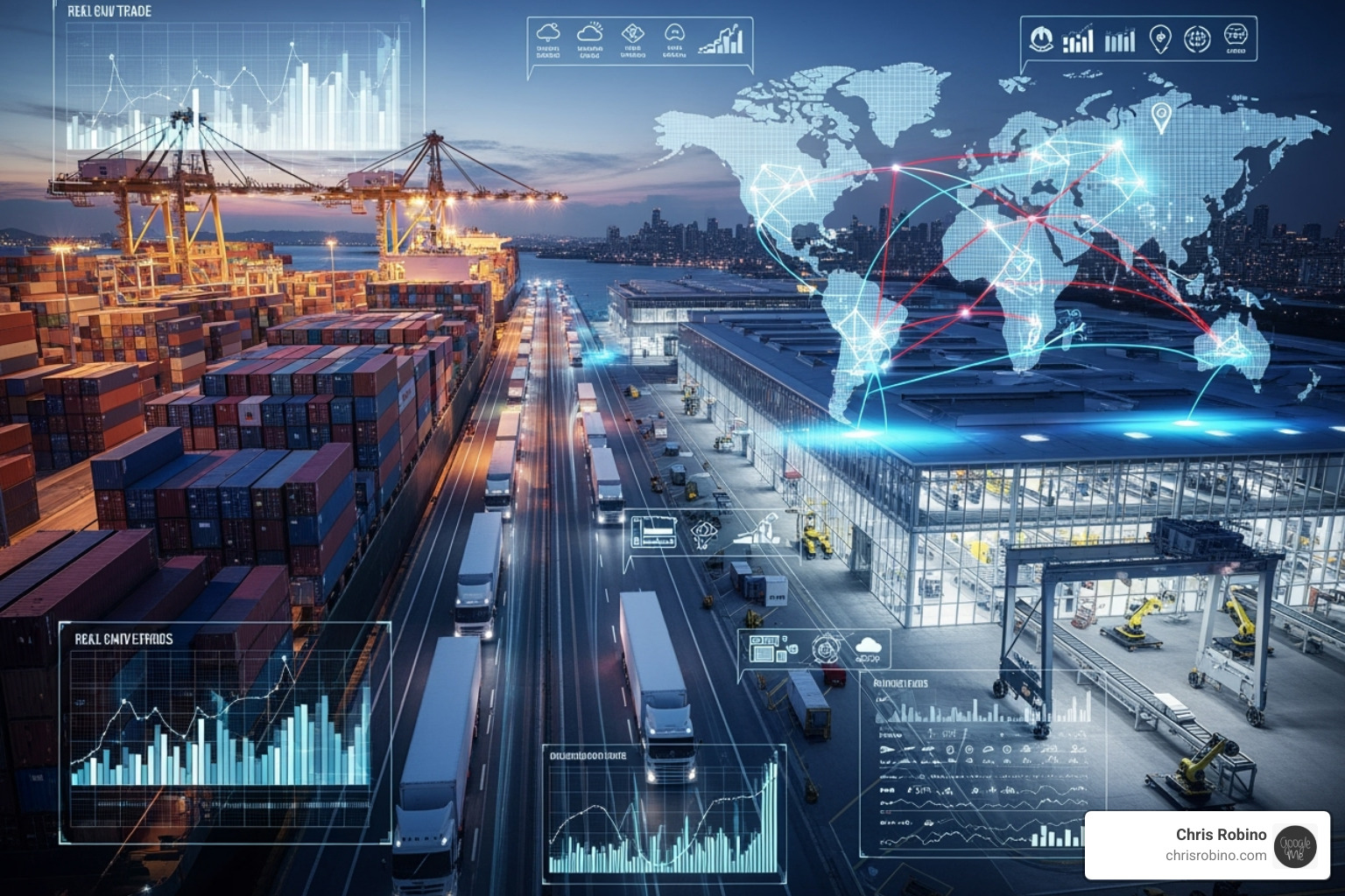 A supply chain with digital overlays showing predictive insights - AI powered analytics