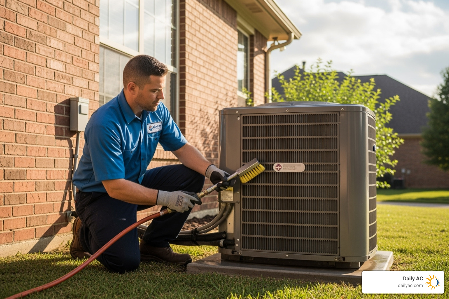 technician cleaning outdoor condenser unit - hvac annual maintenance plan