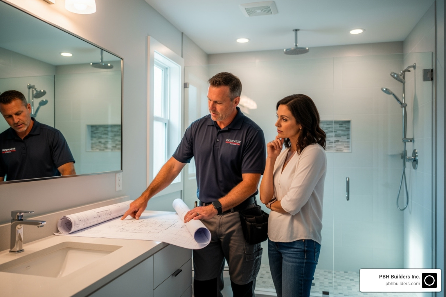contractor reviewing blueprints with a homeowner in a bathroom - bathroom remodeling contractor near me contractor reviewing blueprints with a homeowner in a bathroom - bathroom remodeling contractor near me