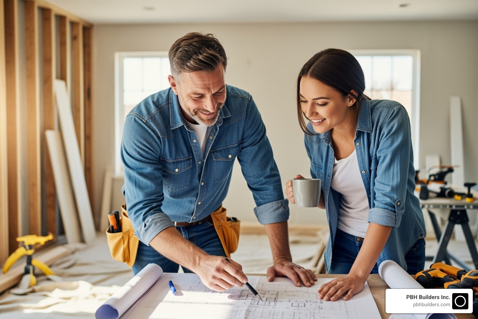 contractor and homeowner reviewing blueprints - Bathroom Remodeling San Diego