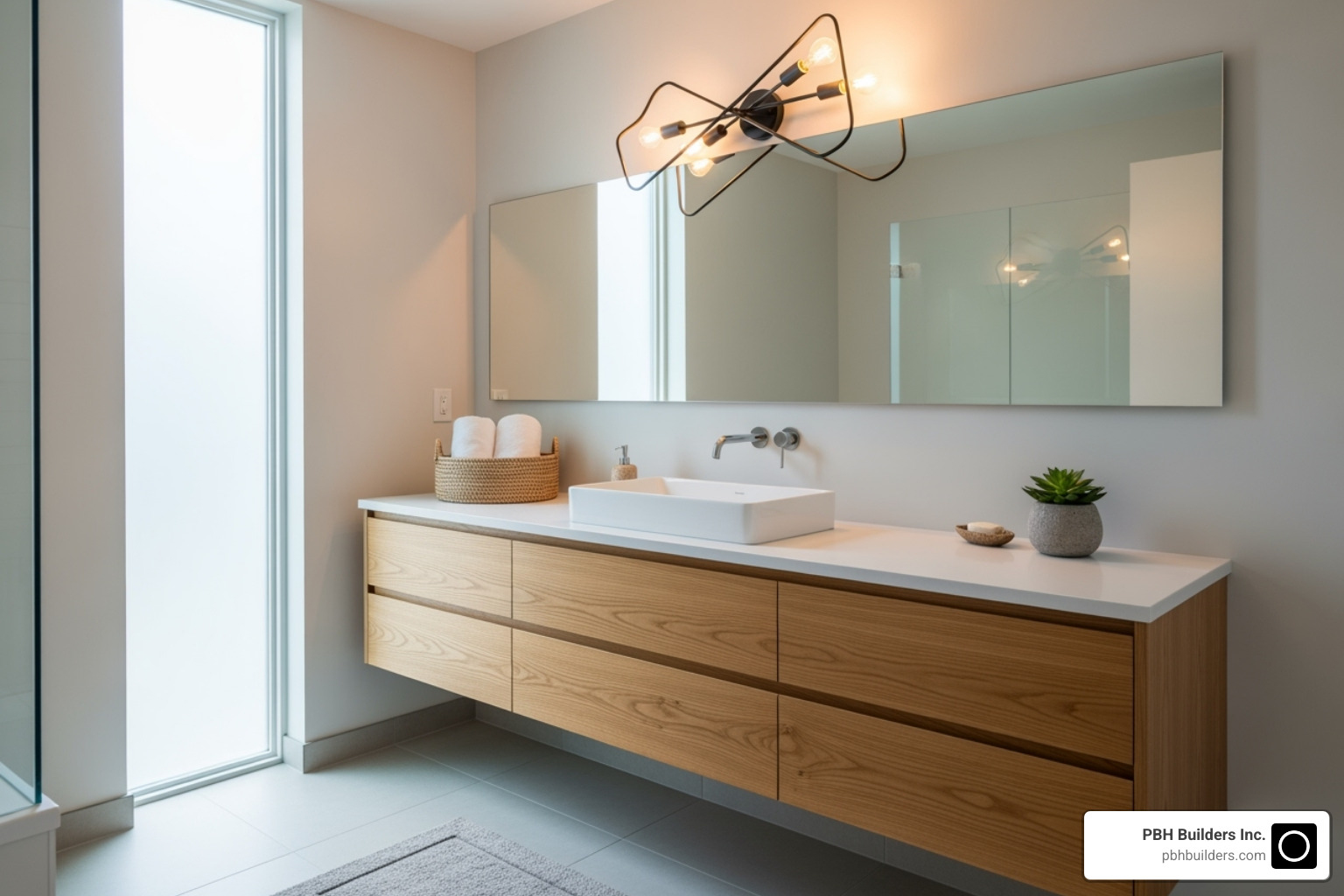 floating vanity, natural wood accents, and statement lighting - Bathroom Remodeling San Diego
