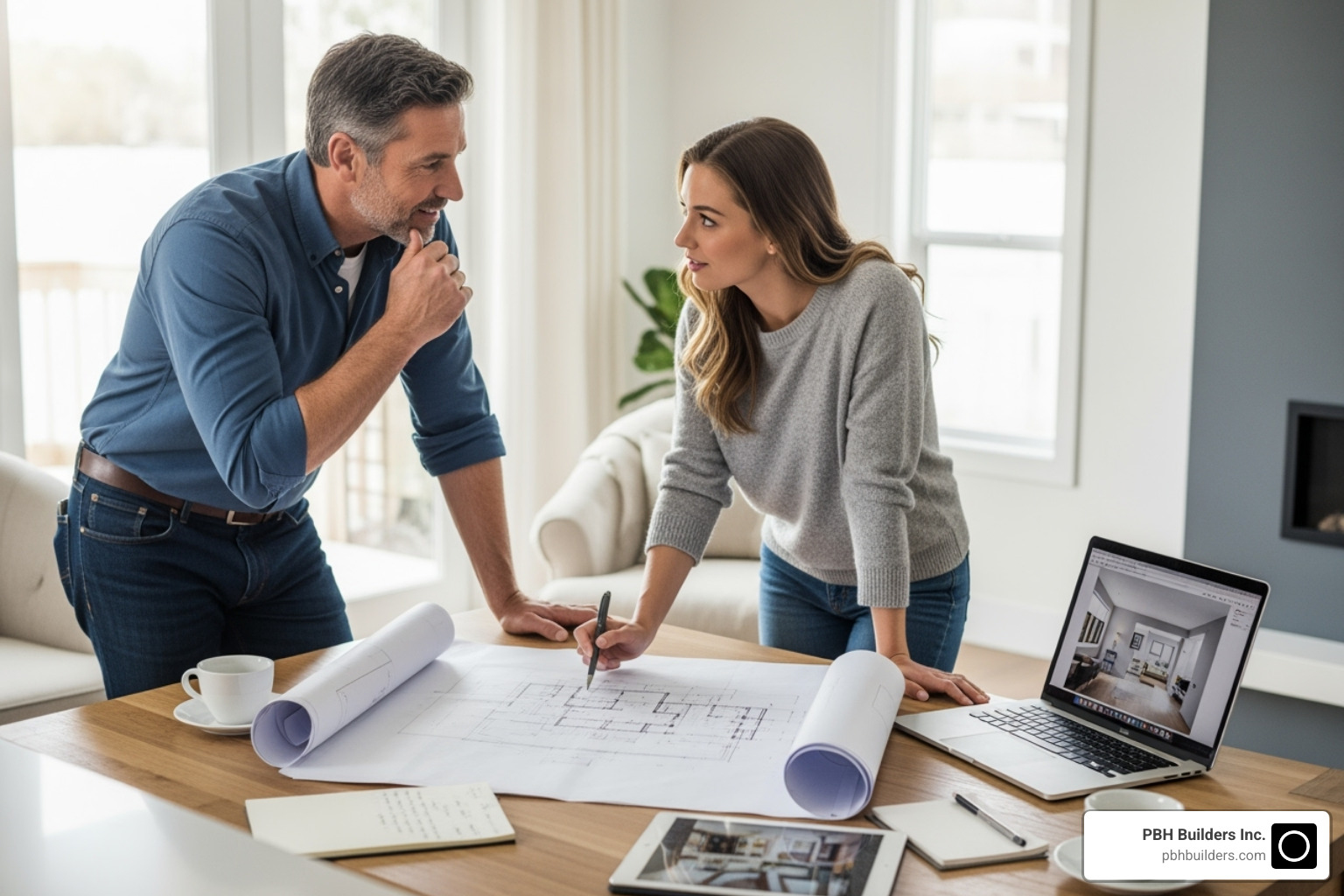contractor and homeowner reviewing blueprints - kitchen bath contractor